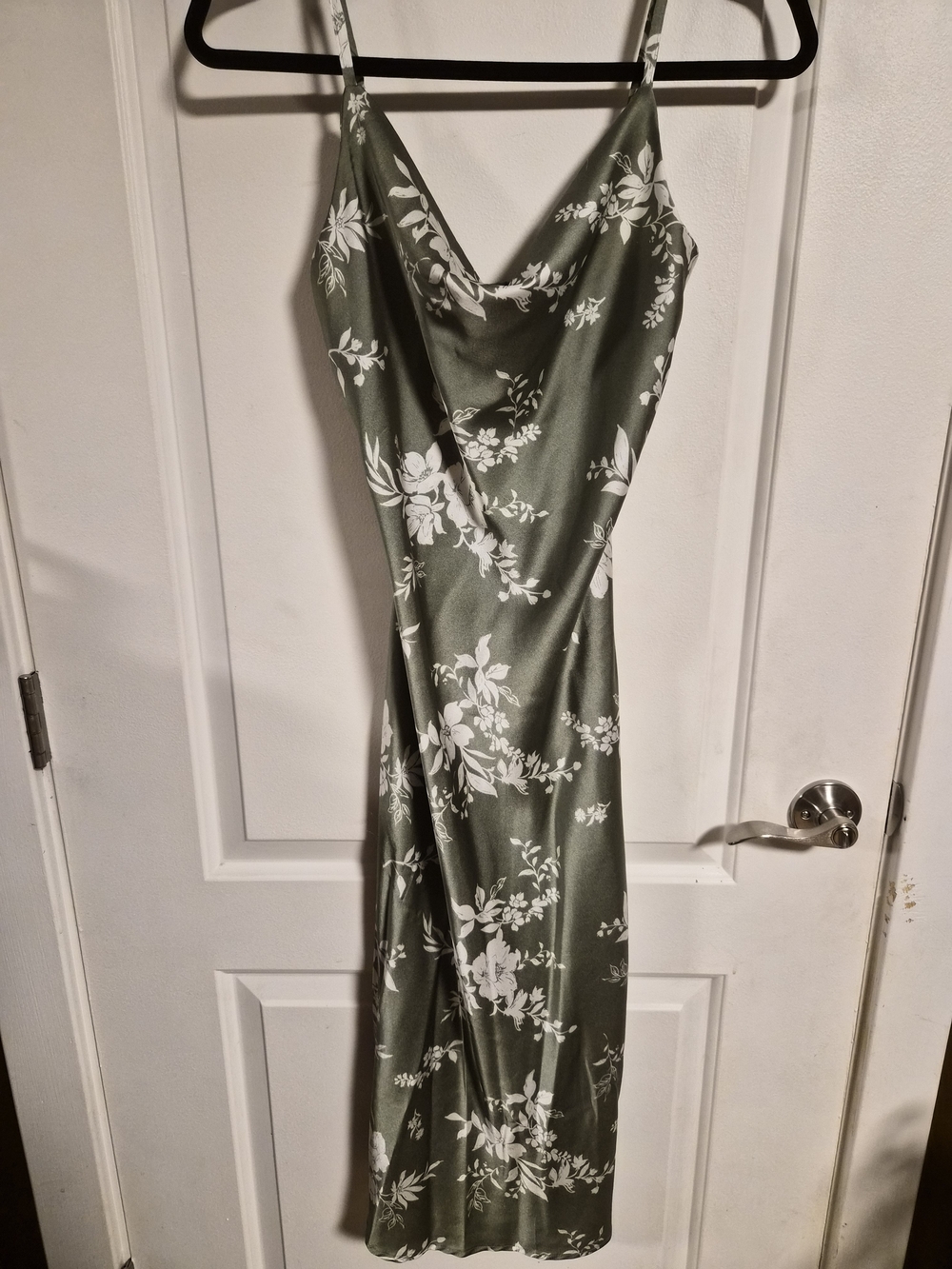 Olive Green Floral Slip Dress with Cowl Neck